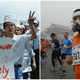 LEFT: A group of journalists supports the pro-Democracy protest in Tiananmen Square, May 17, 1989. RIGHT: Participants wearing masks during a hazy day at the Beijing International Marathon in front of Tiananmen Square, in Beijing, October 19, 2014.